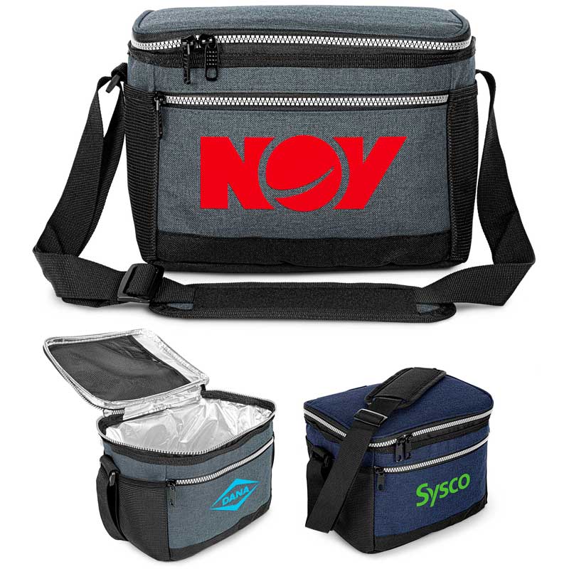12-Can Carter rPET Lunch Bag Cooler - The Carter 12-Can Lunch Cooler is made from recycled bottles (RPET) and is a lightweight cooler keeping meals fresh on the go! With a zippered main compartment, front slip pocket, and two side mesh pockets, it's convenient and practical. Complete with an adjustable web carry strap, heat-sealed PEVA lining, and insulation foam, it ensures your items stay cool and protected.