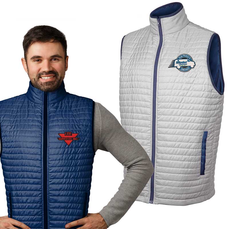 Unisex Puffer Vest - 100% Polyester - Always stay warm with this imported puffer vest, complete with metal zipper, pockets. Shell and lining are 100% polyester. Standard colors are available, but we can also match colors to your liking. Call for more information. Price includes an embroidered imprint of up to 6 colors and 5,000 stitches.