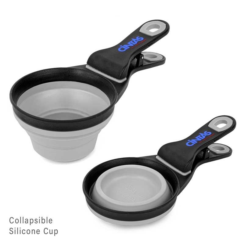 Collapsible Silicone Pet Food Scoop & Bag Clip - Simple & functional: it doesn't get better than this. The silicone portion is collapsible for convenient storage and measures 8 fl oz (1 cup). The handle also functions as a clip to help keep your pet's food bag closed and secured.