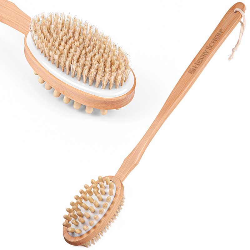 Double-Sided Bath and Massager Brush - Sturdy and eco-friendly, this bath brush features bristles on one side for dry brush exfoliating and massaging nodes on the other side. (The color/texture of the engraving will vary from piece to piece due to the nature of the material.)