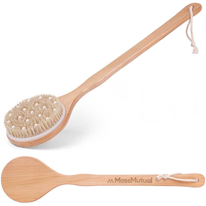 Natural Massager Brush - Brush - A fantastic way to exfoliate your skin and increase blood flow with this dry brush! Features a bamboo handle. (The color/texture of the engraving will vary from piece to piece due to the nature of the material.)