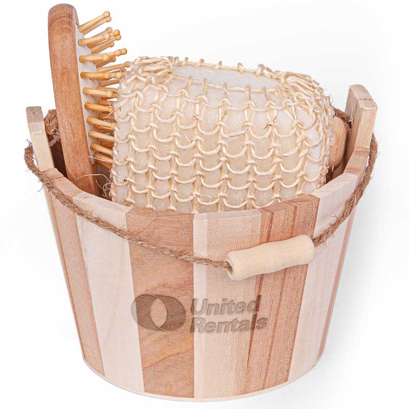 Bamboo Bucket Bath and Massage Set (5pcs) - A 5-piece bath set presented in a beautiful two-tone wooden case. Bath set includes: sisal sponge, pumice stone, comb, massager and loofah. (The color/texture of the engraving will vary from piece to piece due to the nature of the material).