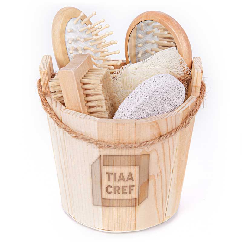 Bucket Bath and Beauty Set - 5pcs - Bath set featuring a comb, mirror, nail brush, loofah and pumice stone. Set comes nicely packaged in a bamboo bucket. (The color/texture of the engraving will vary from piece to piece due to the nature of the material.)