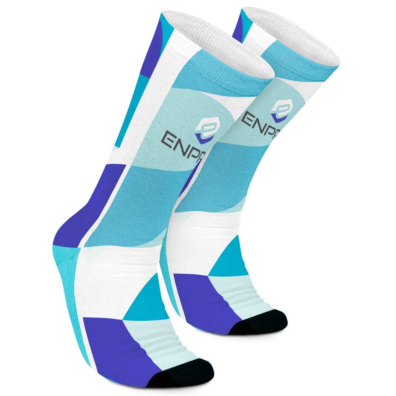 Custom Dye Sublimation Dress Socks - Enjoy full-color imprinting on these mid-calf/crew-cut socks. Polyester construction, one size fits most, comes in a pair, ultra soft, contrasting black toe & heel, over the calf fit, machine wash in cold water. *The dye sublimation imprint may not completely penetrate the fabric during the imprinting process. Imprint separation may occur while the socks are worn. White vertical stripes may be present in between threads with darker colors due to the limitations of sublimating on this type of fabric.
