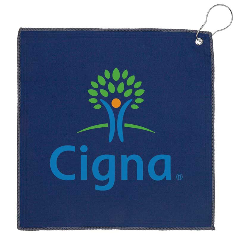 12x12 Recycled Golf Towel with Carabiner - A lightweight microfiber golf towel that includes a high-quality carabiner, grommet and stitched edge hems. The quick-drying material is made from recycled plastic bottles.