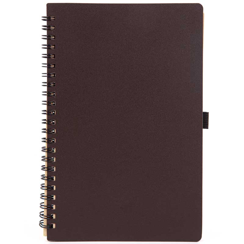 Recycled A5 Wire Bound Notebook - A sleek, professional journal featuring eco-friendly materials, including recycled lined paper and covers made of recycled coffee grounds. Also featured are an elastic pen holder and wire bound construction.