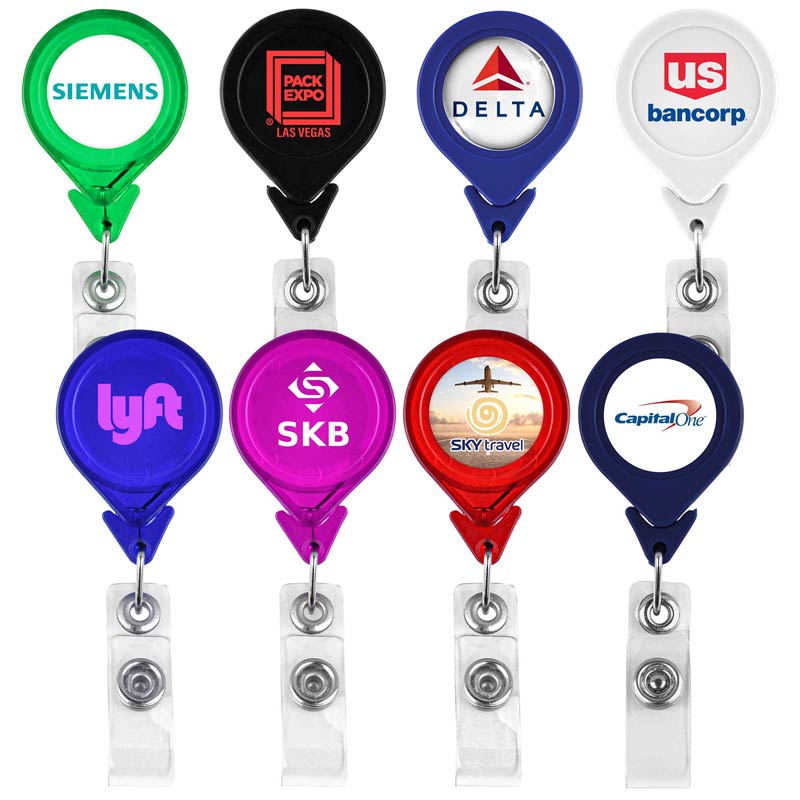 Tear Drop Retractable Badge Holder - A 30" retractable trade show/office badge reel with a metal swivel alligator pocket clip on the back. Imprint directly on the badge holder or have a full color digital insert.