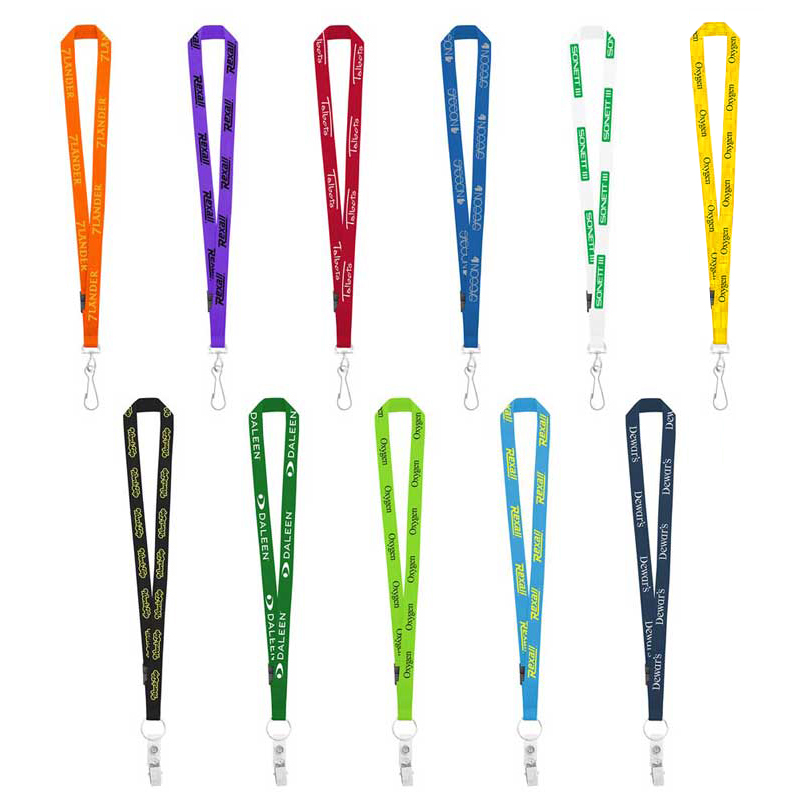 3/4" Original Fast Track Lanyard - A polyester lanyard with either a metal J-Hook or Bulldog attachment and a plastic breakaway. Price includes a 1-color, 1-side, step and repeat imprint.