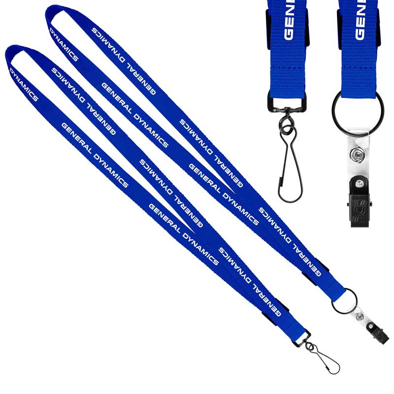 3/4" Original Fast Track Lanyard with Black Attachment - A polyester lanyard with either a black metal j-hook (LA115) or black metal bulldog attachment (LA214). Features a black plastic breakaway. Price includes a 1-color, 1-side step and repeat imprint.