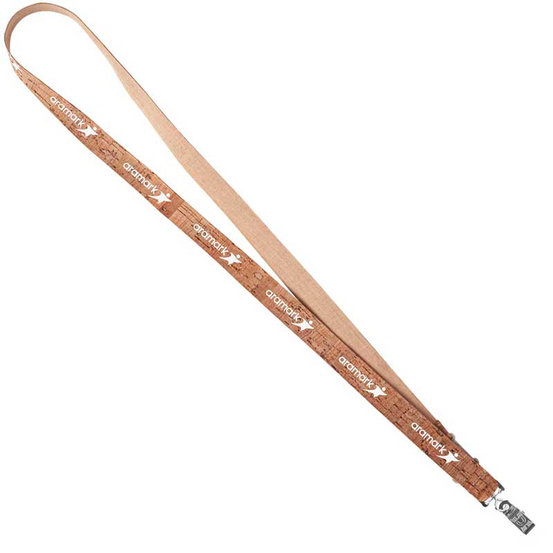 3/4" Natural Cork FastTrack Lanyard - A 36-inch lanyard made of cork and flanked by a cloth backing. Features a wheat straw breakaway attachment and metal j-hook, or Bulldog attachment.
