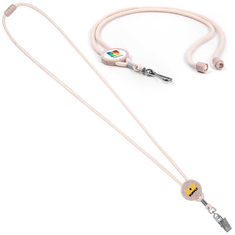 Ansel Breakaway Cotton Lanyard - An eco-friendly breakaway neck cord lanyard, featuring a cotton neck cord, wheat straw breakaway, adjustable wheat straw slider and choice of a metal j-hook, or metal bulldog attachment.