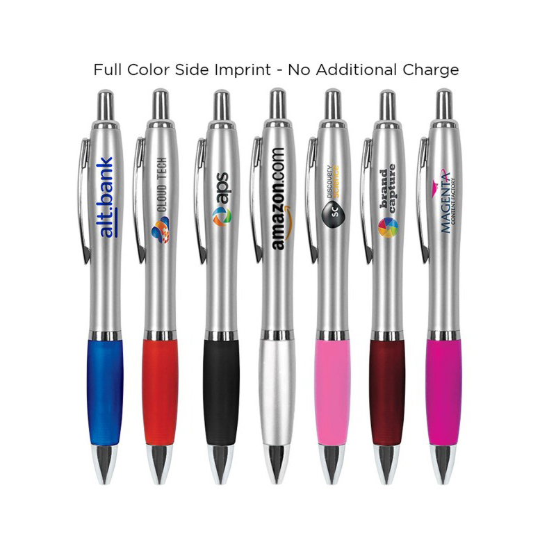 The Silver Grenada Pen - Plastic click action pen with a soft grip in a variety of colors. This pen comes with a full color side imprint as the standard imprint area. Includes black ink.