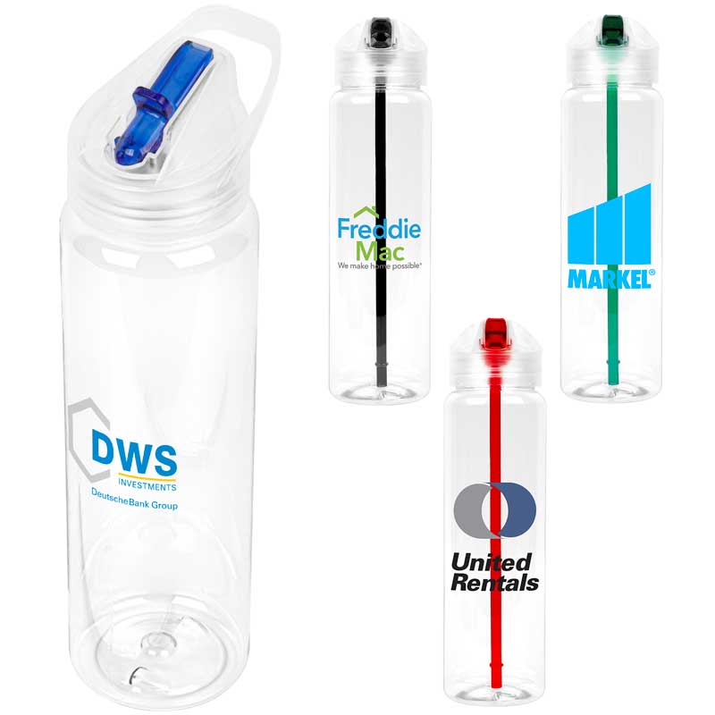 Recyclable Sports Bottle with Flip-Up Lid - 32oz. - A sturdy sports bottle fashioned of BPA-free PET plastic. The screw-on lid features a flip-top for easy drinking. Inner straw is packed inside the bottle with a poly bag and must be assembled. Made in the USA. Hand wash only. Do not freeze or microwave.