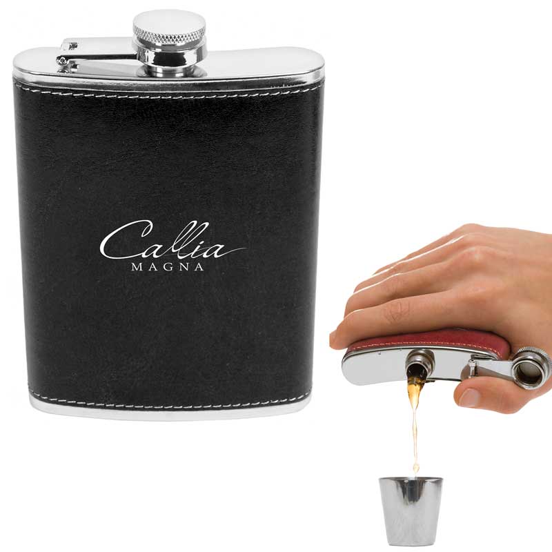 The Inverness 8 oz. Flask - This stainless steel flask is wrapped in elegant faux leather. Elegant contrast stitching. Hinged screw-on top. BPA free.