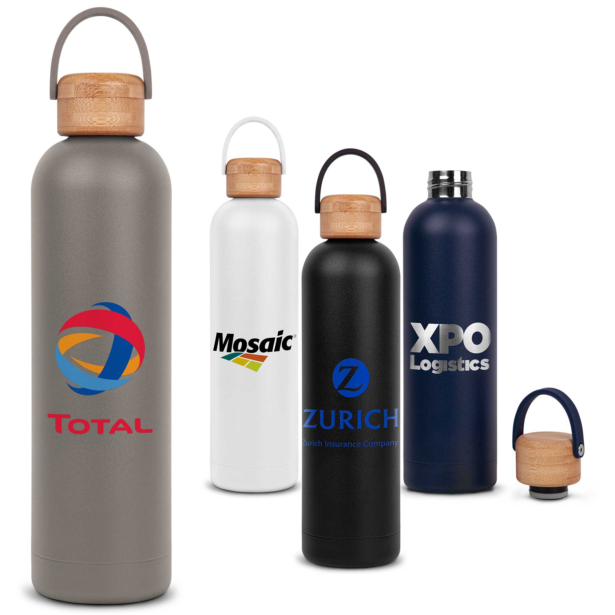 Allegra Bottle with Bamboo Lid 33oz. - Stylish, minimalist water bottle made of vacuum-insulated stainless steel to keep your drinks hot for 12 hours and cold for 24 hours. Features a twist-on bamboo lid with silicone strap and durable powder coating. Hand wash only, do not microwave.