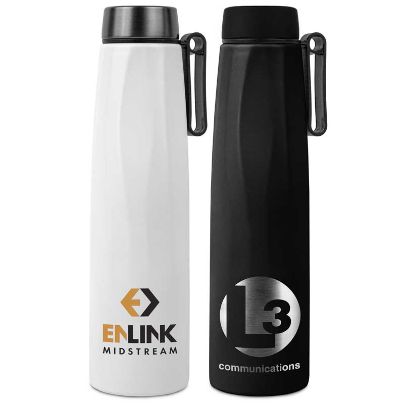 Calypso 25oz. Insulated Recycled Stainless Steel Water Bottle with Loop Strap - A super-sleek insulated water bottle made from recycled, insulated double wall stainless steel! Features a secure screw-on lid, geometric patterns and a plastic loop strap to secure to a bag or backpack.