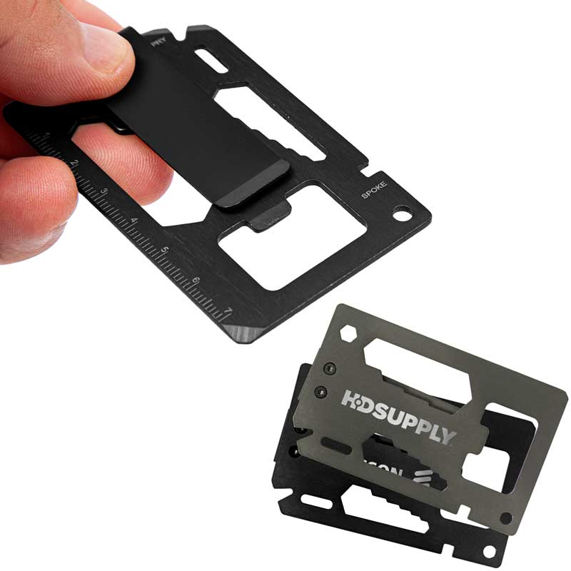 The Allegheny Multi-Tool Card with Money Clip - Meet the Allegheny, the multi-tool card that punches way above its weight. Sleek and compact, Brawn easily slips into your wallet, ready to tackle any everyday challenge. Conquer tiny tasks with ease, from measuring to cracking open a celebratory beverage. Multi-size hex wrench. Key chain hole. Optional money clip. Laser engraving to personalize Ben with a logo or custom message. Premium steel: Tough enough for any adventure.
