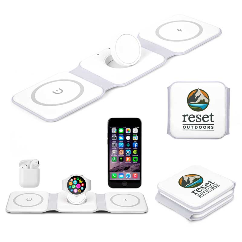3 in 1 Wireless Charger - This innovative charger allows you to charge your smartphone, earbuds and smart watch simultaneously, eliminating the need for multiple chargers and tangled cords. Wireless and Mag-safe connection. Includes a Type-C USB charging cable and instruction manual. Made of ABS & Silicone with an LED indicator. Interface: USB-C. Input: 9V-2A, 12V-2A, Mobile phone output: 5W/7.5W/10W/15W, iWatch output: 2.5W, Airpods: 3W; Compatibility: support mobile phones, Airpods, and iWatch that comply with the Qi standard.