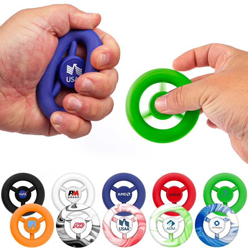 Grip N' Spin Stress Reliever & Exerciser - A great little gadget with many uses! The tough thermoplastic elastomer (TPE) makes this ideal as a squishy stress reliever and strengthener. It also rotates, so give it a spin! 