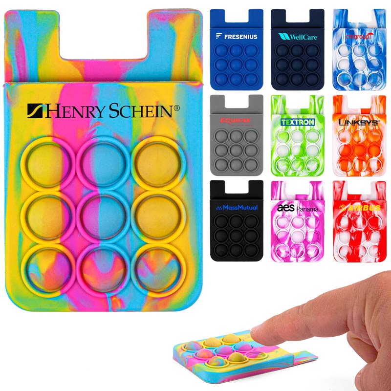 Popper Stress Reliever Silicone Phone Wallet - We're blending two great ideas into one! Relieve stress and securely keep your IDs, credit and debit card in one place! Made of high-grade silicone. Securely adheres to your mobile phone with 3M stick tape. Easily holds 2-3 debit, credit and ID cards. Can be easily removed from your mobile device. NOTE: The variation and color of the swirls may make certain imprint colors not show well. It is highly recommended to choose a good contrasting color(s) that will be visible against the swirls.