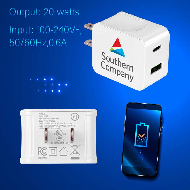 20W UL Certified USB Wall Charger - Power your crucial mobile devices with this USB-C and USB-A wall charger. The compact and rugged design ensures trustworthy charging when you need it. FEATURES: Compatible with devices that use a Type-C or Type-A connector. Output: 20 watts. Input: 100-240V,50/60Hz,0.6A. Thermal shutdown function and short-circuit protection.