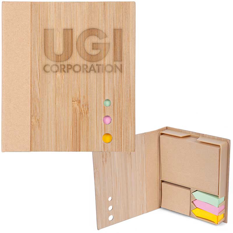 Bamboo Board Memo Pad & Sticky Note Set - A versatile Memo pad set featuring a bamboo front cover. Contains neon flag strips (3 colors, 100+ sheets ea.), large and small kraft paper sticky notes (100+ sheets). Compact and great for traveling. (The color/texture of the engraving will vary from piece to piece due to the nature of the material.)
