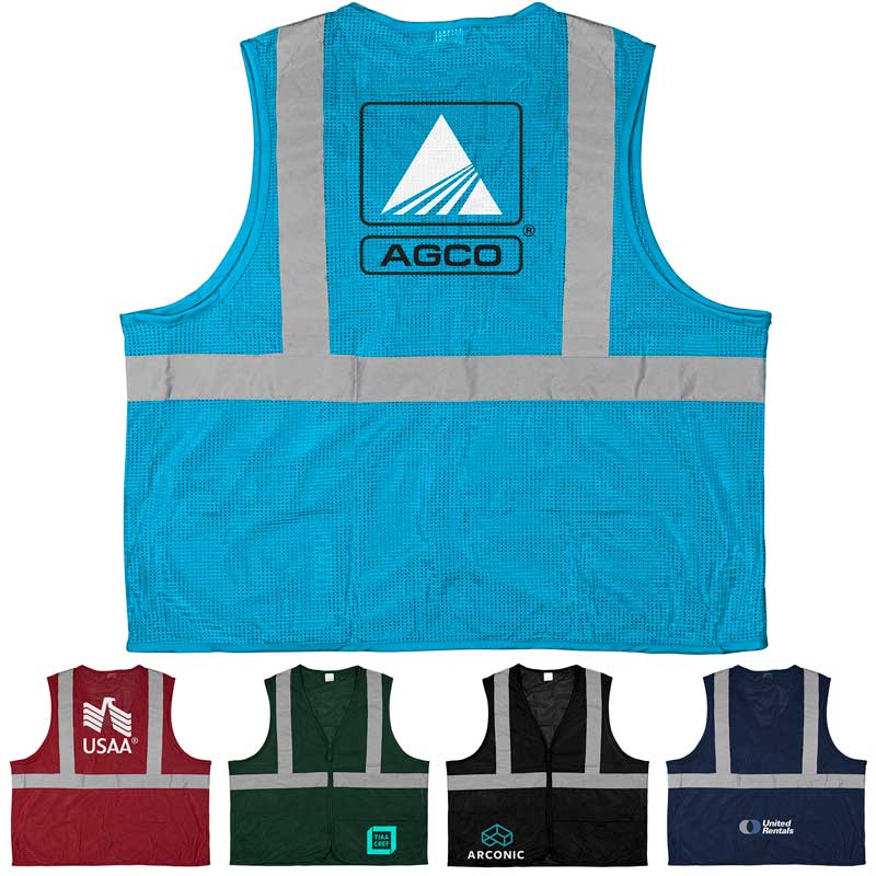 100% Polyester Premium Reflective Safety Vest - Meets or exceeds ANSI/ ISEA Class 2 safety standards. Includes zippered front closure and three front pockets. Made of 100% ANSI rated polyester material. Features 2-inch reflective tape.
