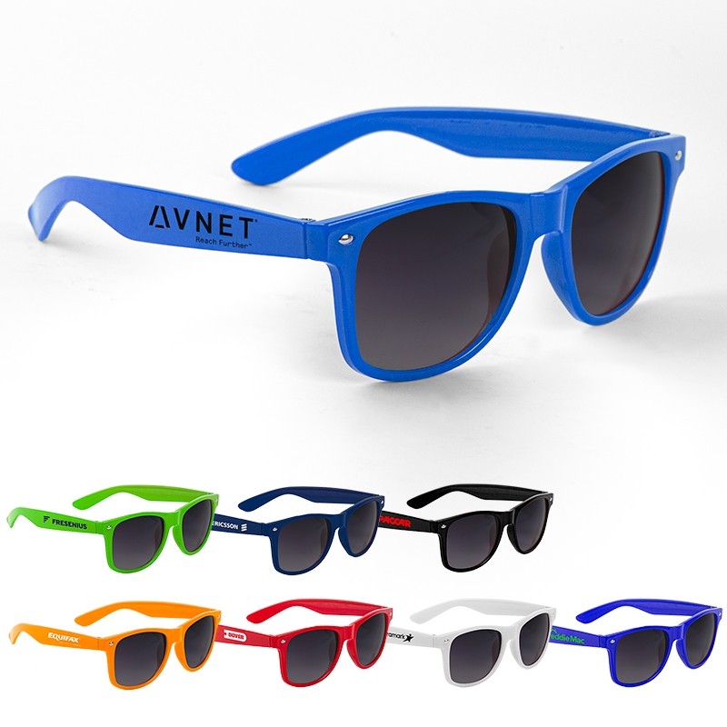 The Riviera Sunglasses - Made up of polycarbonate material with a smooth finish. Fits most head sizes. Lenses are UV400 to provide 100 percent UVA and UVB protection. Price includes imprint on one arm only. Imprint on 2nd arm available.
