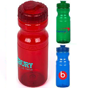 24oz Eco-Polyclear Bottle with Flip Top Lid - An ideal companion for hydrating. Features a screw-on lid with a flip-top opening to create a spill-proof seal and comes in translucent colors. Constructed of recycled PET and BPA free. Made in the USA. Hand wash only. Do not microwave. 