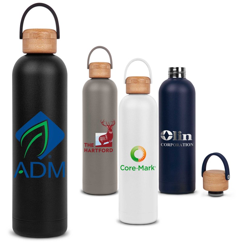 Allegra Bottle with Bamboo Lid 25oz. - A beautifully-simple vacuum-insulated stainless steel water bottle, featuring a twist-on bamboo lid with silicone strap and durable powder coating. Keeps drinks hot for up to 12 hours and cold for up to 24 hours. Hand wash only, do not microwave.