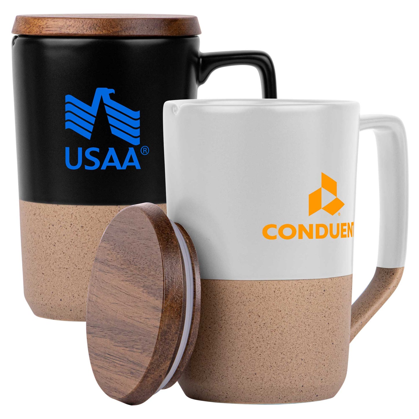 15oz. Tall Tapered Two-Tone Ceramic Coffee Mug with Wood Lid & Angled Handle