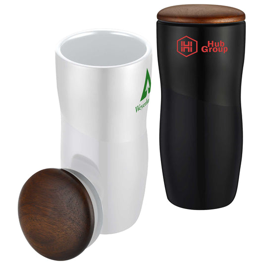 12oz Two-Tone Double-Wall Ceramic Tumbler with Wood Lid
