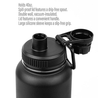 Goliath 40oz. Powder-Coated Stainless Steel Water Bottle with No-Slip Grip - Black